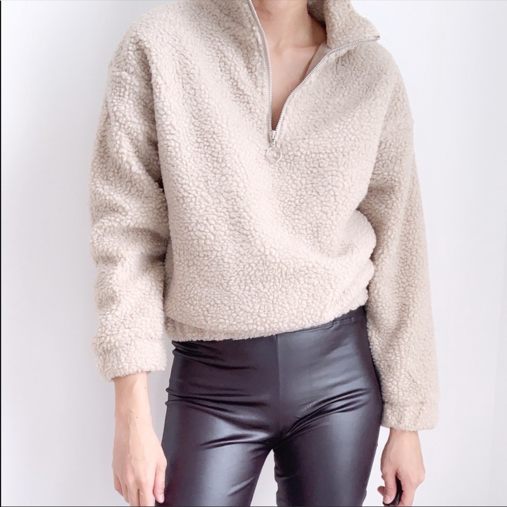 TEDDY SHEARLING HALF ZIP BOMBER SWEATER - TAUPE - Picture 3 of 10